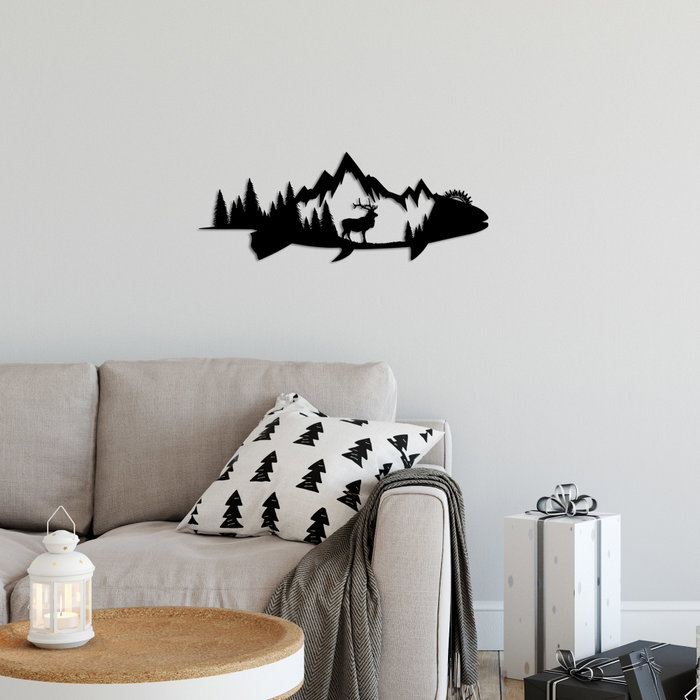 Wallity Mountain And Deer Escultura de Pared de Metal Negra